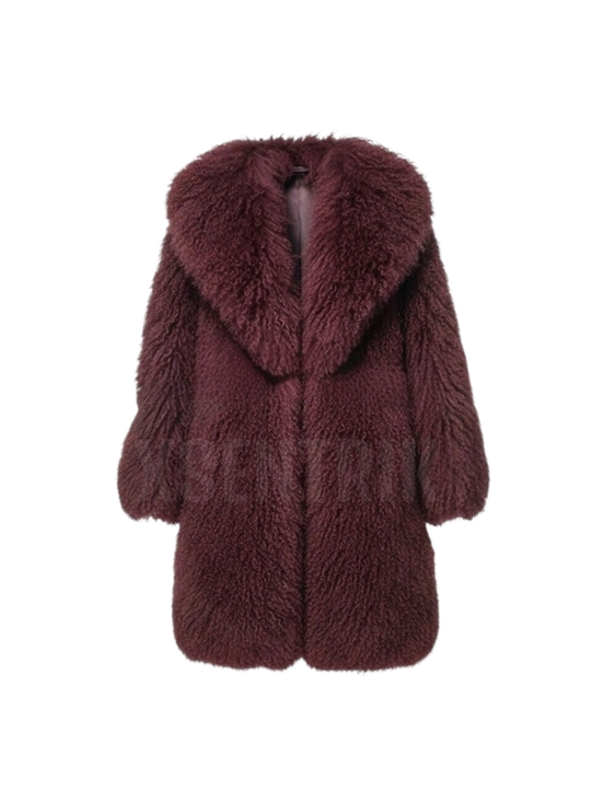 Genuine Mongolian Lamb Fur Coat - Luxurious Fur (Burgandy/Wine) - Picture 15 of 15